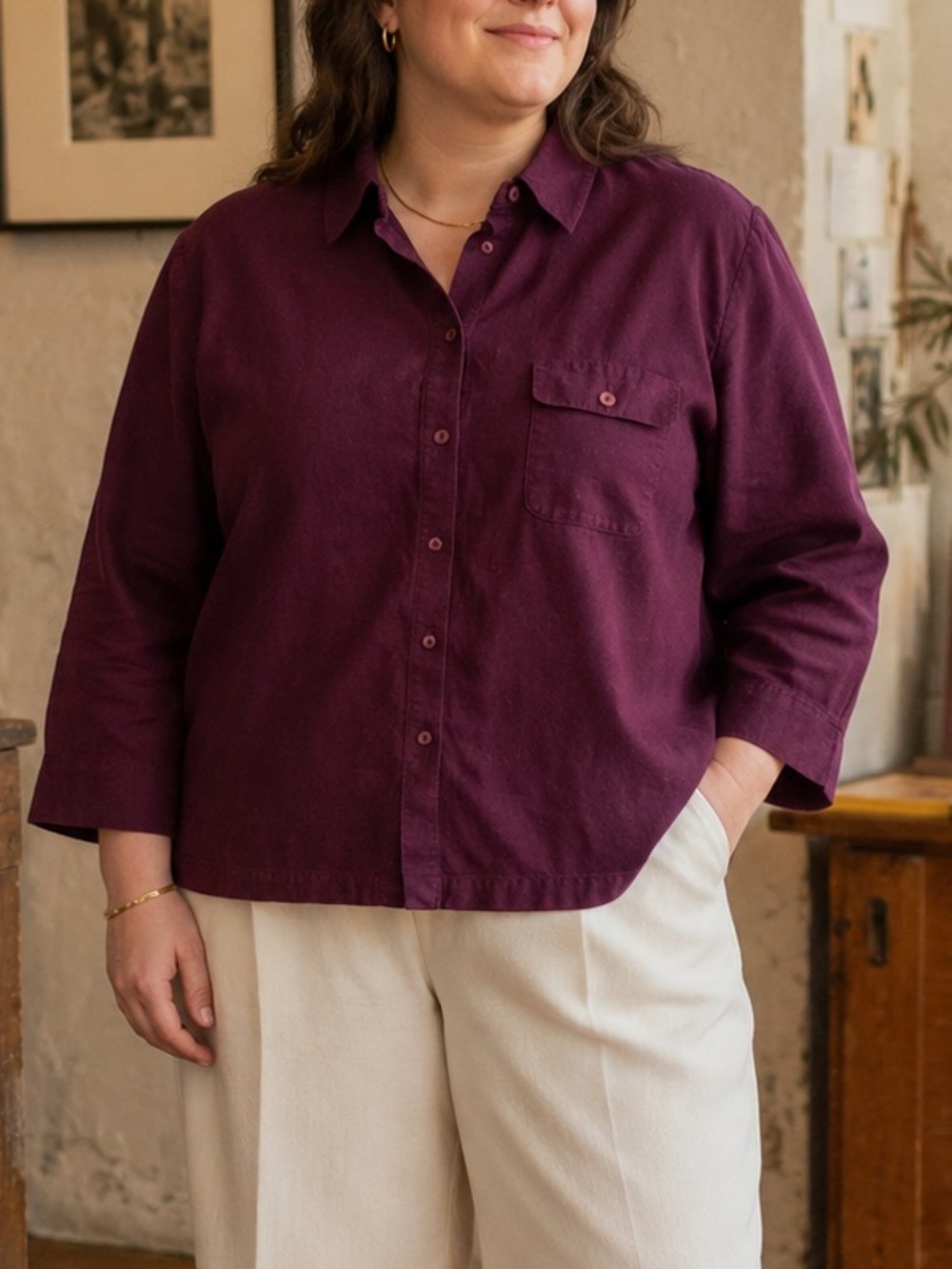 Plum Linen Blend Button Down Shirt Plus Size 18W Maggie McNaughton